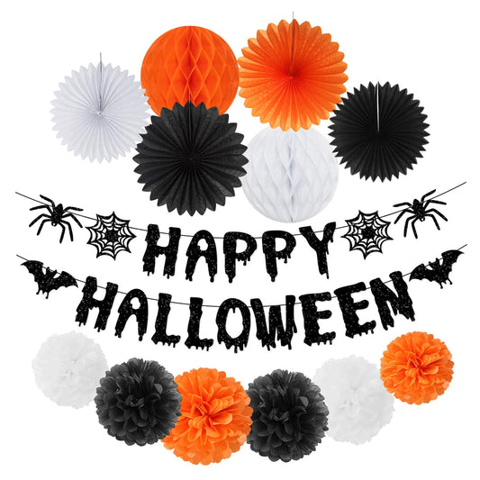 Orange Black Happy-Halloween Party Decorations - 13PCS Spider Web Bats Streamers Banner ,Paper Flowers Lanterns Tissue Pom Poms Fans, Classroom Birthday Bachelorette Hanging Supplies Decor Hugfond