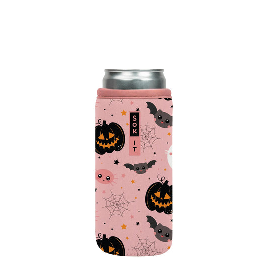 Sok It CanSok Sleeve for Beer & Soda Insulated Neoprene Cover (Spooky in Pink, 12oz Slim Can Sleeve)