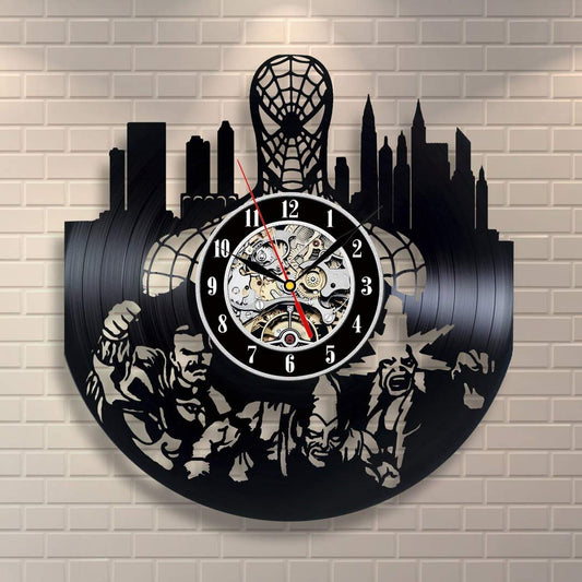 Kovides Retro Vinyl Record Clock Vintage Wall Clock Spider Hero Decals Idea Spider Wall Decor Gift Idea 18th Birthday Comics Super Spider Wall Art