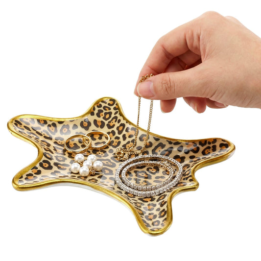 Bokon Leopard Jewelry Tray Trinket Plate 6.3 x 4.7 Inch Ceramic Cheetah Print Rings Case Dish Animal Jewelry Organizer for Room Decor Women Birthday Mothers Gift