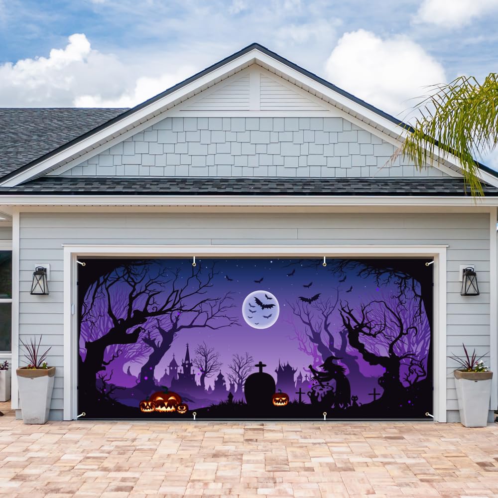 Lofaris 6x13ft Halloween Garage Door Cover Banner Purple Night Bat Full Moon Witch Graveyard Glowing Pumpkin Decor Outdoor Indoor Spooky Party Wall Window Yard Photography