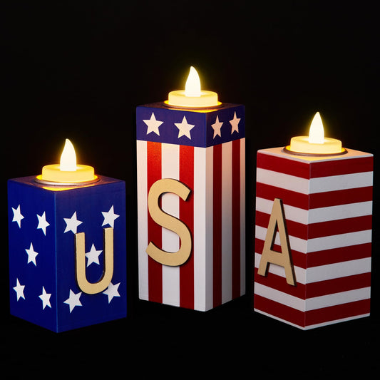 BlcTec 4th of July Decorations, 3 PCS Patriotic Wood Candle Holders with Tea Lights, Rustic Farmhouse Centerpieces for Home, Tiered Tray, Tabletop, Mantel, Office, Porch, Memorial Day, July 4th Décor