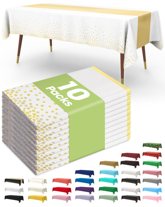 Pureegg Plastic Table Cloth Disposable 10 Pack, 54 x 108 Inch, Table Runner Style, Graduation Decorations 2026, Party Tablecloths, Rectangle, Plastic Cover, Leakproof & Sturdy, White Gold