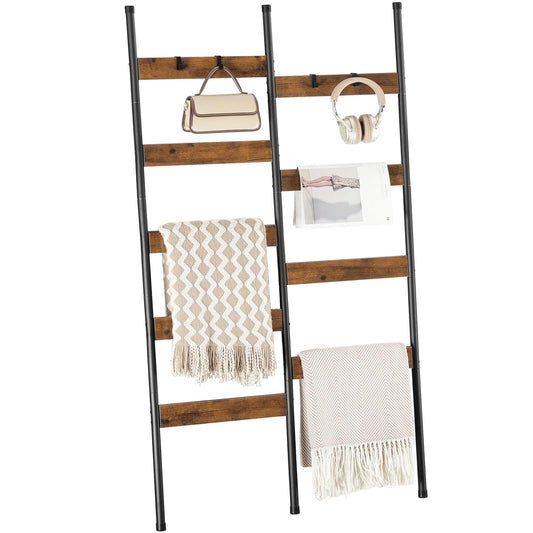 HOOBRO Blanket Ladder, 33.9" L Wall-Leaning Towel Rack, Double Row Blanket Rack for Large Capacity, Metal Frame, Anti-Tip Design, Blanket Holder for Living Room, Bathroom, Rustic Brown BF17CJ01