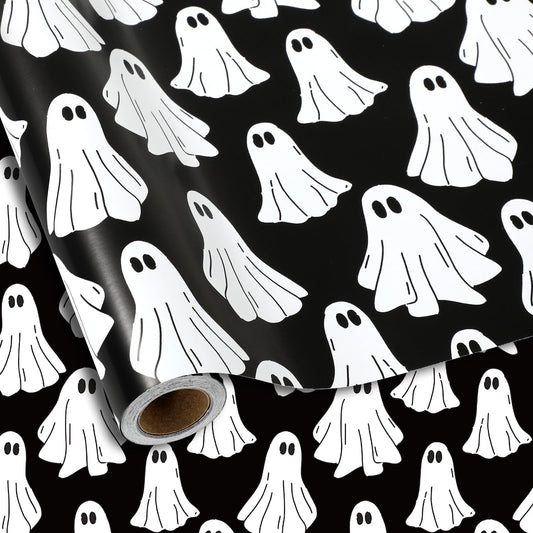 Whaline Halloween Wrapping Paper -Mini Roll- 17 In x 32.8 Ft Groovy Black White Ghost Gift Wrap Paper for Baby Shower Birthday Halloween Wrapping Supplies