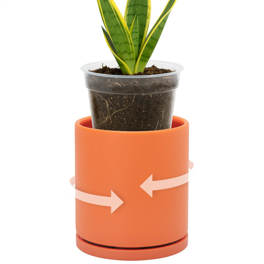 D'vine Dev Double-Layer Planter Set – Rotating Plastic Cachepot with Clear Inner Liner for Root Health, Perfect for Indoor Plants, 4.5", Pumpkin, 73-U-E-1