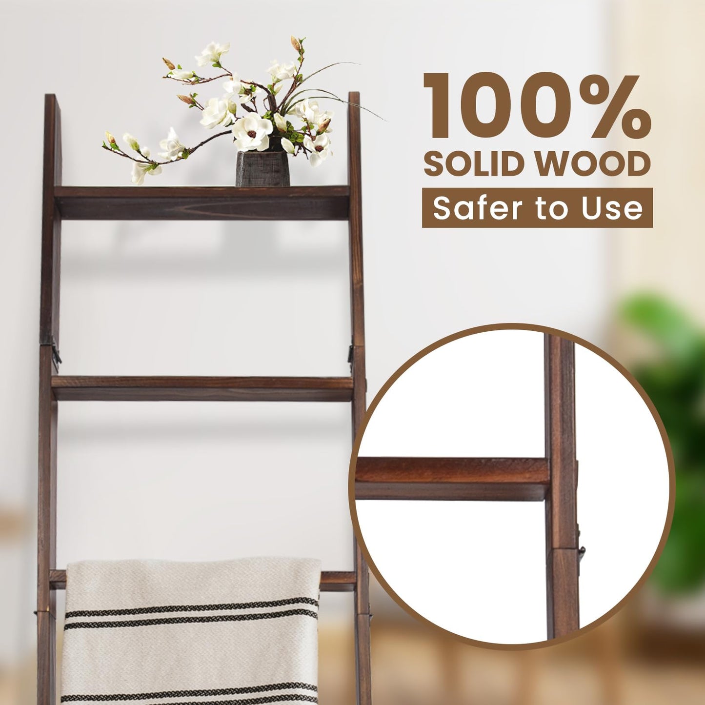 HYBDAMAI Blanket Ladder, 6-Tier Wooden Quilt Stand, Decorative Ladder Shelf, Leaning Shelf, Wall Leaning Blanket Ladder Towel Storage Rack for Living Room (Brown)