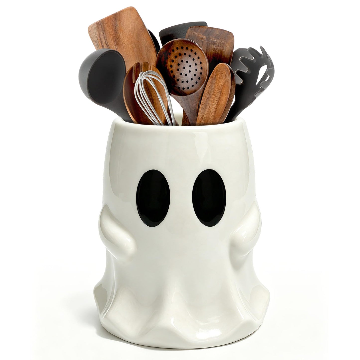 pinata Halloween Kitchen Decor Ceramic Ghost Utensil Holder, Cute Halloween Utensils Holder, Ceramic Utensils Crock for Rustic Farmhouse Indoor Kitchen Decorations(6.3 Inches)