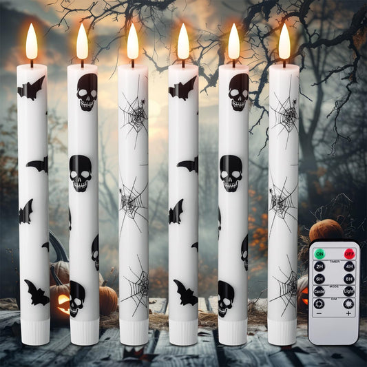 Eldnacele Halloween Flameless Taper Candles Battery Operated with Remote Timer, Set of 6 White Real Wax 3D Wick Flickering LED Taper Candles Spooky Halloween Indoor Decor(0.75" D x 9.65" H)