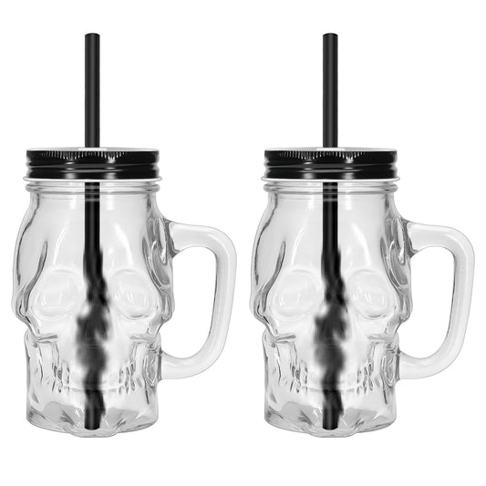 Skull Mason Jars with Handle, 16 Oz Glass Beer Mugs Gothic Wide Mouth Tumbler Cup with Straws and Lids, Novelty Pub Bar Mug Halloween Drinking Glasses for Beverage, Liquor, Mix Cocktail (2, Clear)