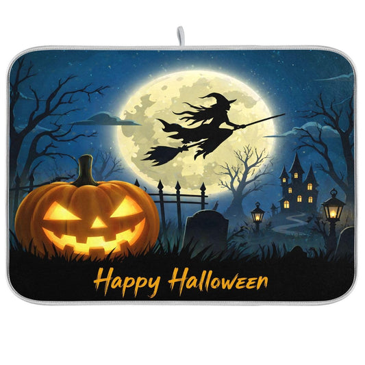 Halloween Night Witch Bat Dish Drying Mat,Pumpkin Latern Absorbent Dish Drying Mat for Kitchen, Extra Large, 16" x 18"