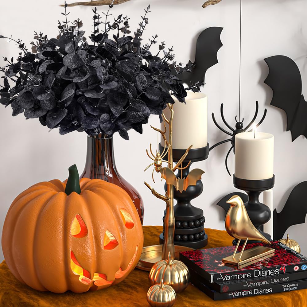 DIYDEC 12Pcs Black Artificial Flowers with Glass Vase 2 Styles Black Eucalyptus Stems for Halloween Outdoor Indoor Decoration Fake Eucalyptus Stems Branches for Party Home Table Centerpieces Decor