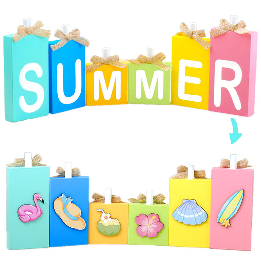 NYUWOAURC Summer Decorations for Home,6 Pcs Wooden Signs Letter Blocks,Rustic Farmhouse Summer Table Decoration Indoor,Double Sides Seasonal Decor Party Centerpiece For Tiered Tray Tabletop Shelf Desk Mantel