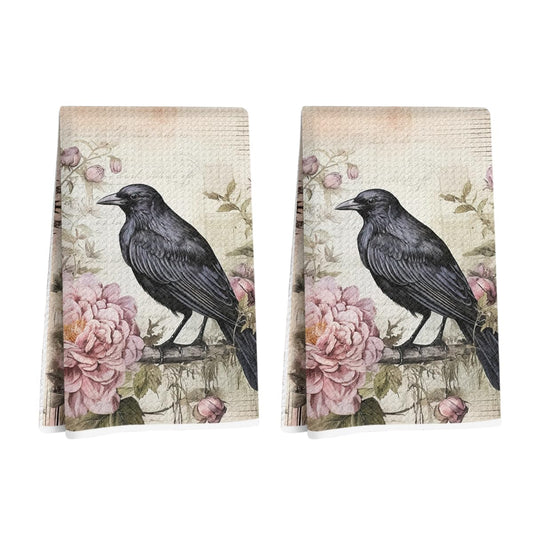 2 Pcs Black Raven Kitchen Towels, Vintage Floral Decorative Absorbent Microfiber Dish Cloth Tea Towel, Aesthetic Waffle Soft Hand Towels for Farmhouse Home Bathroom, Housewarming Gifts
