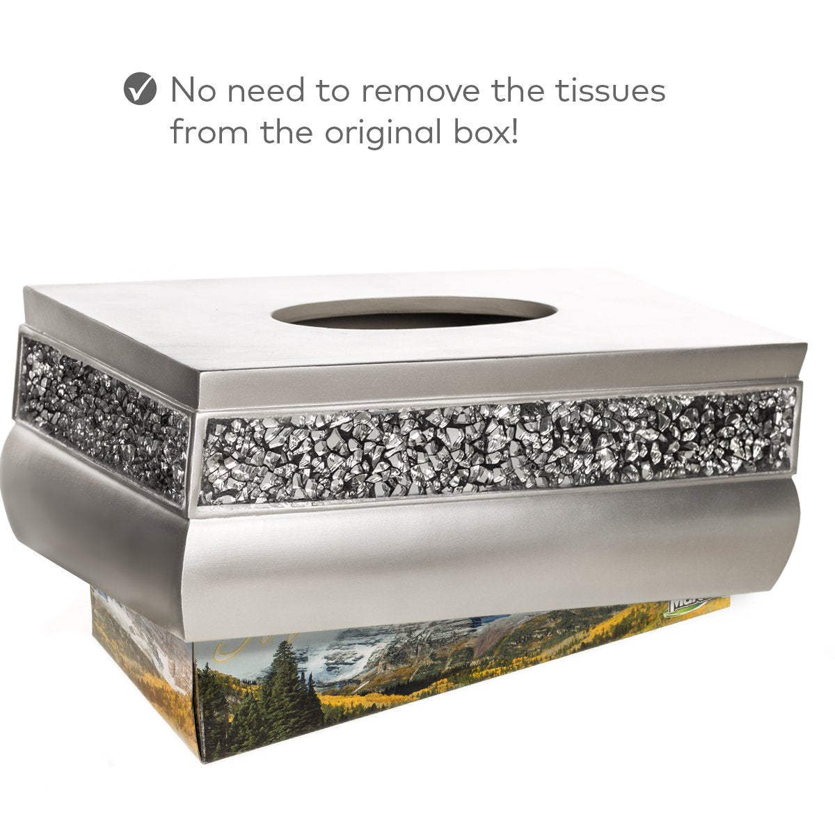 Crackled Glass Silver Tissue Box Cover Rectangular - Decorative Bling Tissue Box Holder With Beautiful Mosaic Glass - Elegant Tissue Holder For Bathroom With Durable Bottom Slider (Silver Collection)