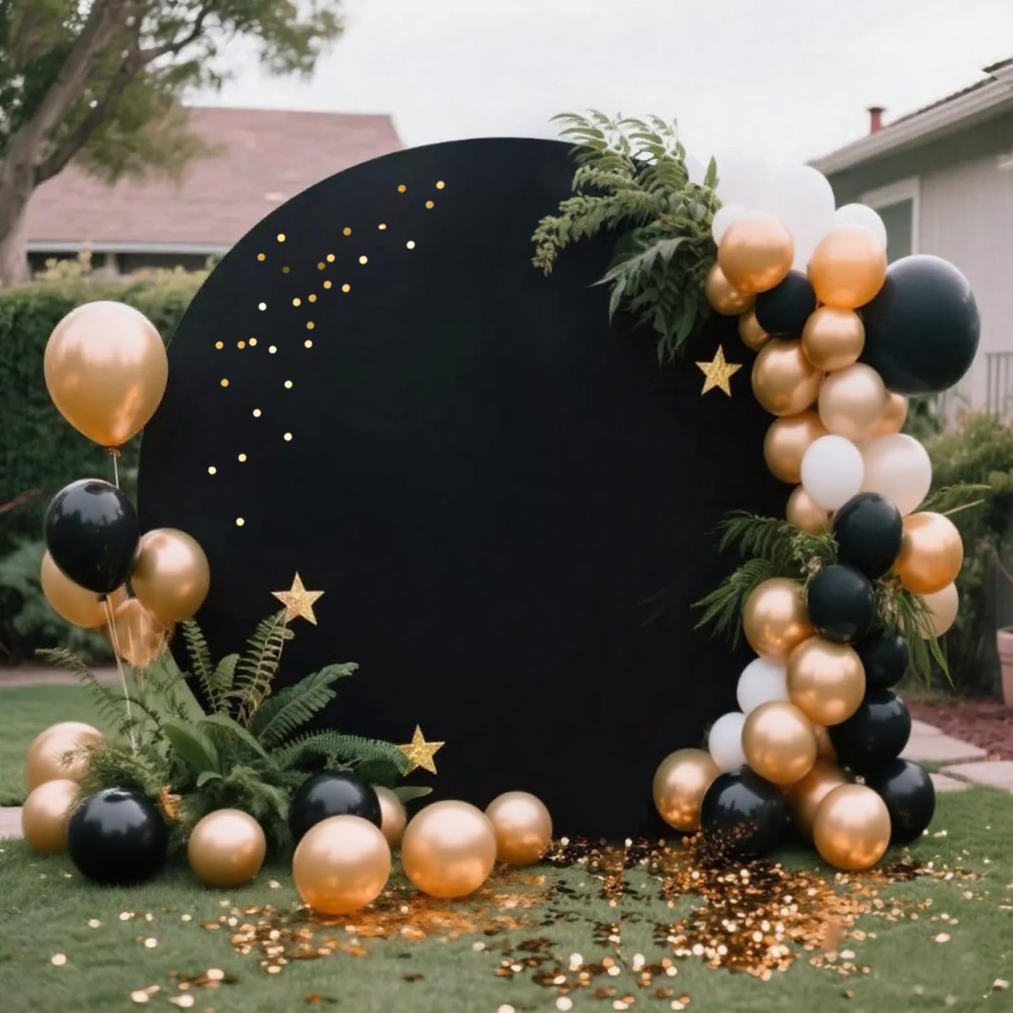 GUANSEN 7.2FT Black Round Backdrop Cover for Wedding,Circle Balloon Arch Backgound Stand Cover for Birthday Party Baby Shower Halloween Decoration