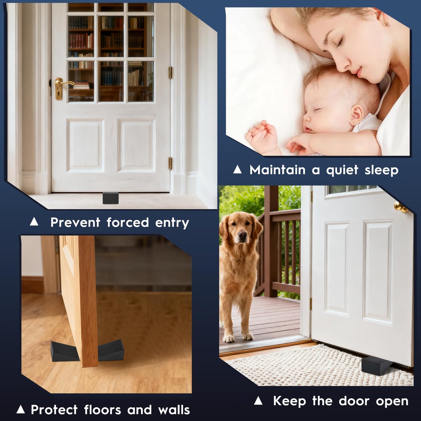 UXVEM 4-Pack Premium Rubber Wedge Door Stops, Solid Heavy-Duty Floor Door Stopper Door Wedges with Patented Anti-Slip Base, No Installation for Home/Office, Non-Scratching, Fits Gaps Under 1.18”