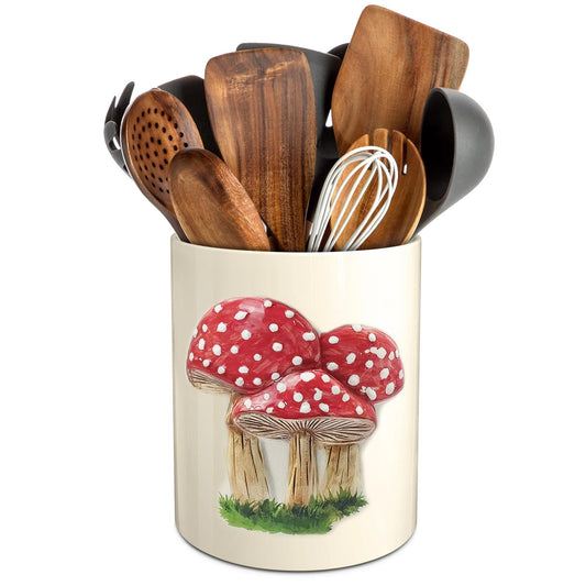 Hexagram Mushroom Decor Utensil Holder, Mushroom Kitchen Decor Embossed Ceramic Utensil Holder for Farmhouse Indoor Kitchen Decorations Rustic Farmhouse