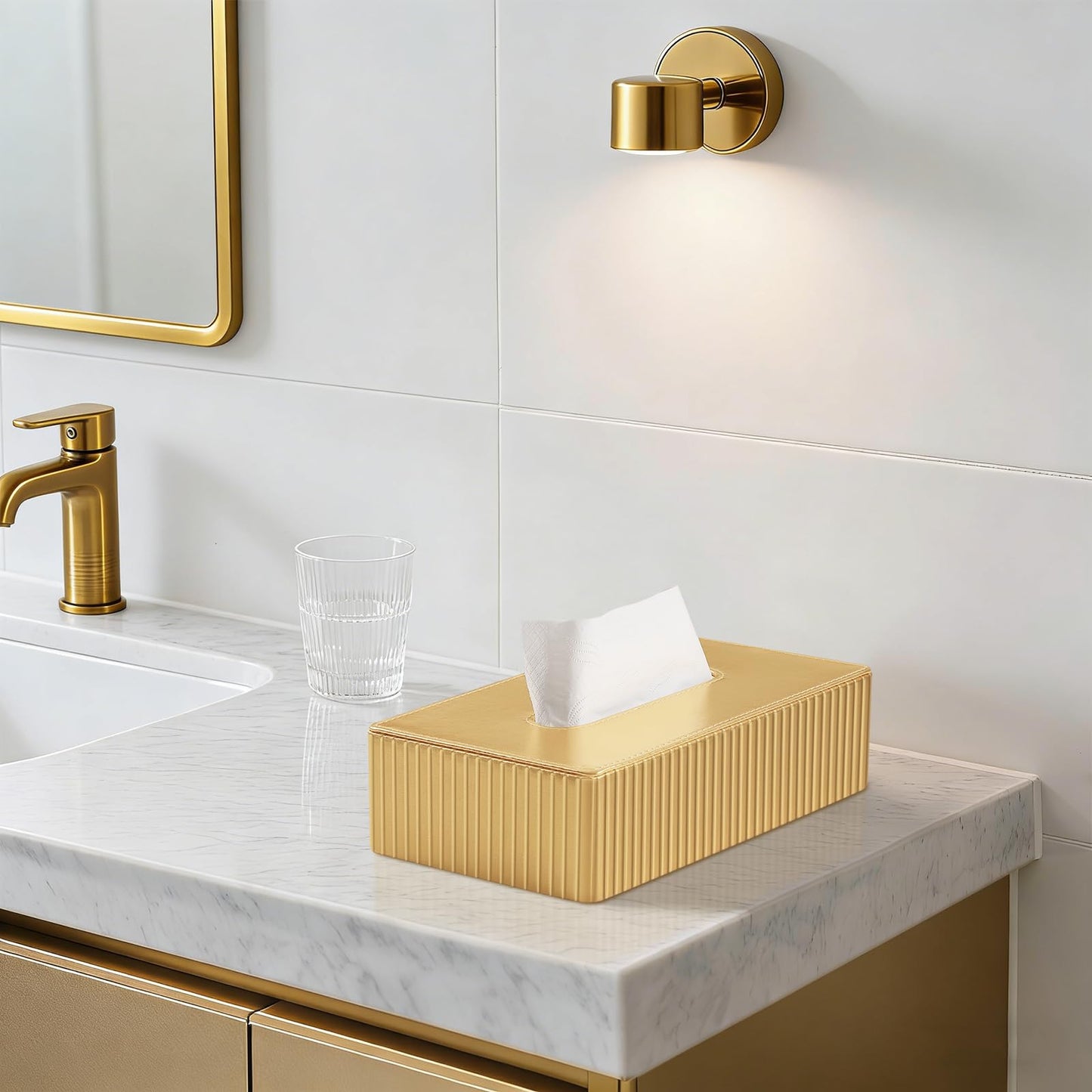 NICLNGSH PU Leather Short Tissue Box Cover Rectangle, Small Tissue Box Holder with Magnetic Closure, Decorative Rectangular Tissue Holder for Bathroom Car Office (Gold)