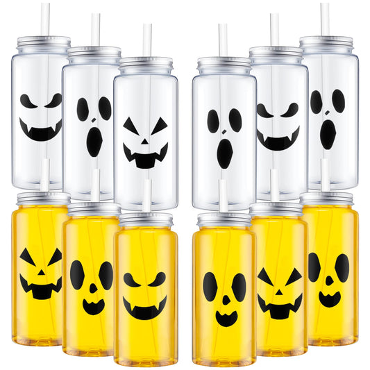 Patelai 12 Pcs Halloween Plastic Cups with Lids and Straws 13.5 oz Pumpkin Ghost Face Drinking Cup Reusable Clear Bottles Scary Printed Party Tumblers for Trick or Treat Party Supplies
