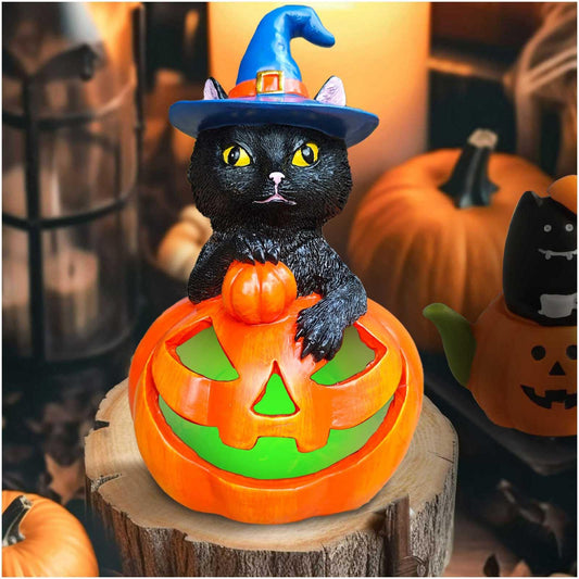 Halloween Decorations Outdoor Solar Black Cat Garden Statue, Jack-O-Lantern Pumpkin Figurines with Color Changing LED Lights Halloween Yard Lawn Party Fall Outdoor Decor
