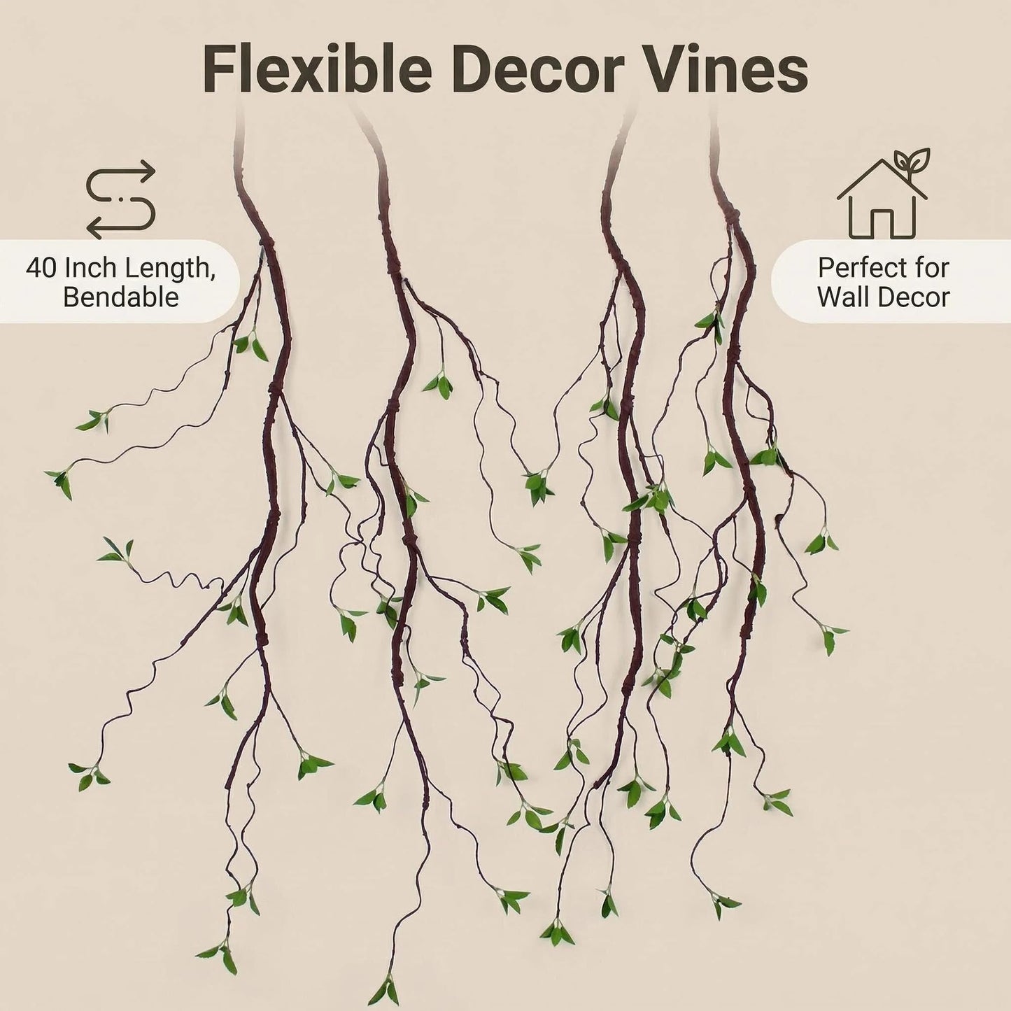 AYLSON4pcs 40inch Artificial Hanging Vines with Realistic Leaves Fake Tree Branches for Vase Bendable Greenery for Room Plants Decor Faux Tree Stems Christmas Halloween Easter Decor (Brown)