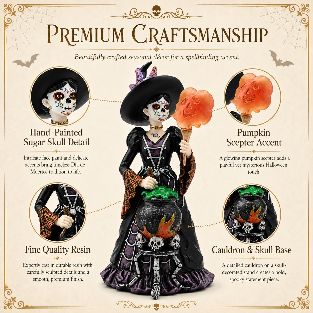 Comfy Hour Fairyland Collection 8", Witch from The Day of The Dead, La Calavera Catrina, Día de Muertos, Halloween Figurine, 4.53" L x 4.1" W x 8.3" H, Polyresin
