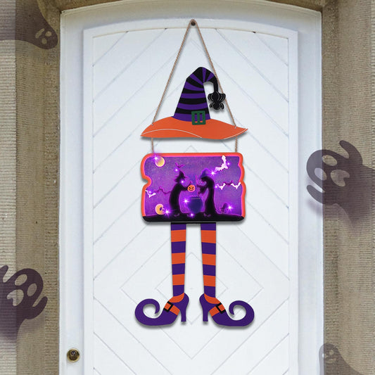 NOWSTO Multicolor Wooden Hocus Pocus Halloween Decoration, Lighted Broom Parking Sign with Witches Hat, Indoor/Outdoor Use
