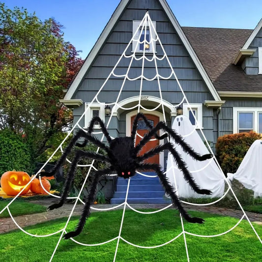 Boolavard 2pcs Halloween Decor Set: 5.08meter Triangular Spider Web & 119.38cm Giant Fake Spiders - Perfect for Indoor, Outdoor, Yard, and Haunted House Parties