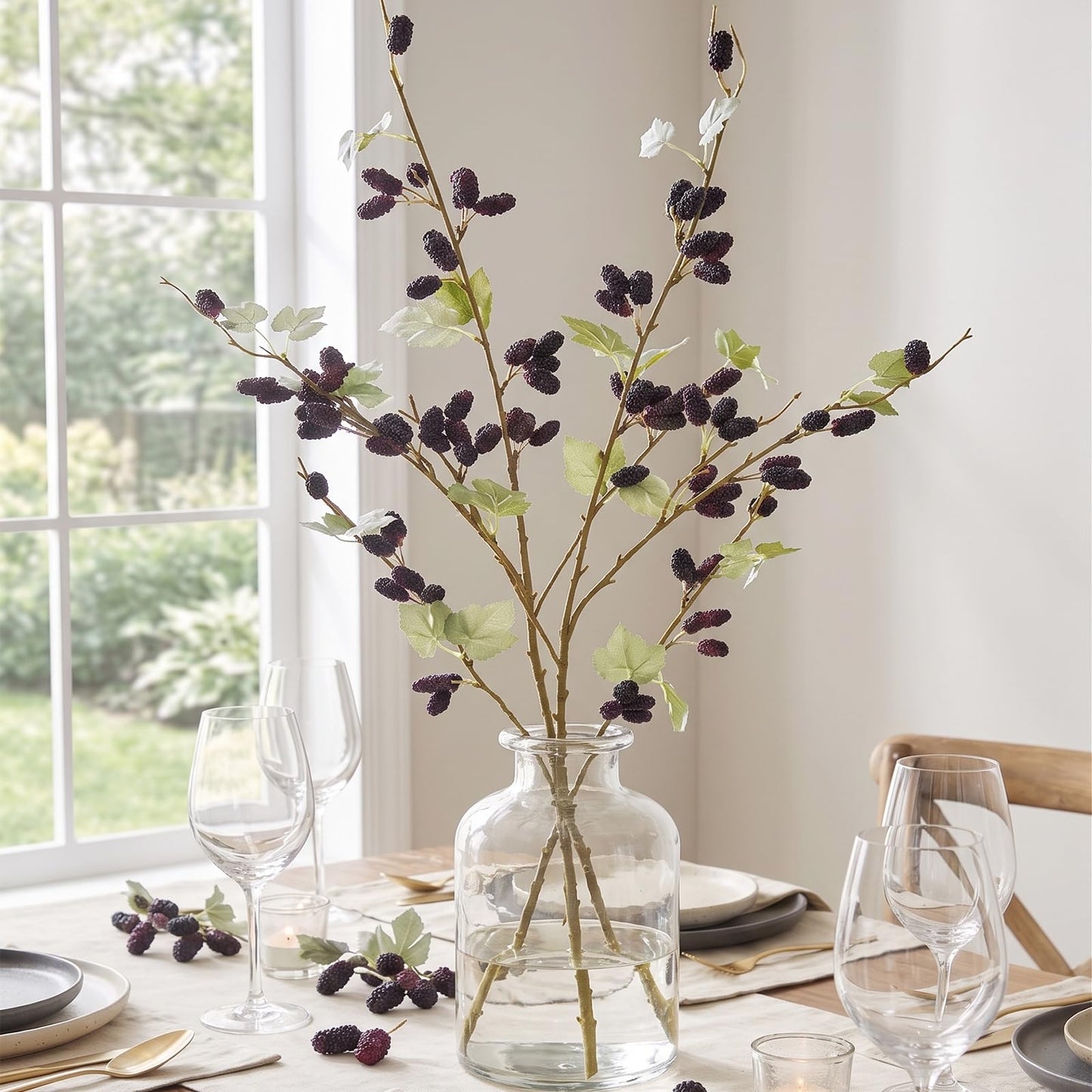 CITYES 2 Pcs Faux Berry Stems Realistic Black Raspberry Berries Flowers Faux Mulberry Picks Artificial Flowers Branches for Indoor Home Decor Vase Thanksgiving Farmhouse Christmas DIY Mantel Harvest