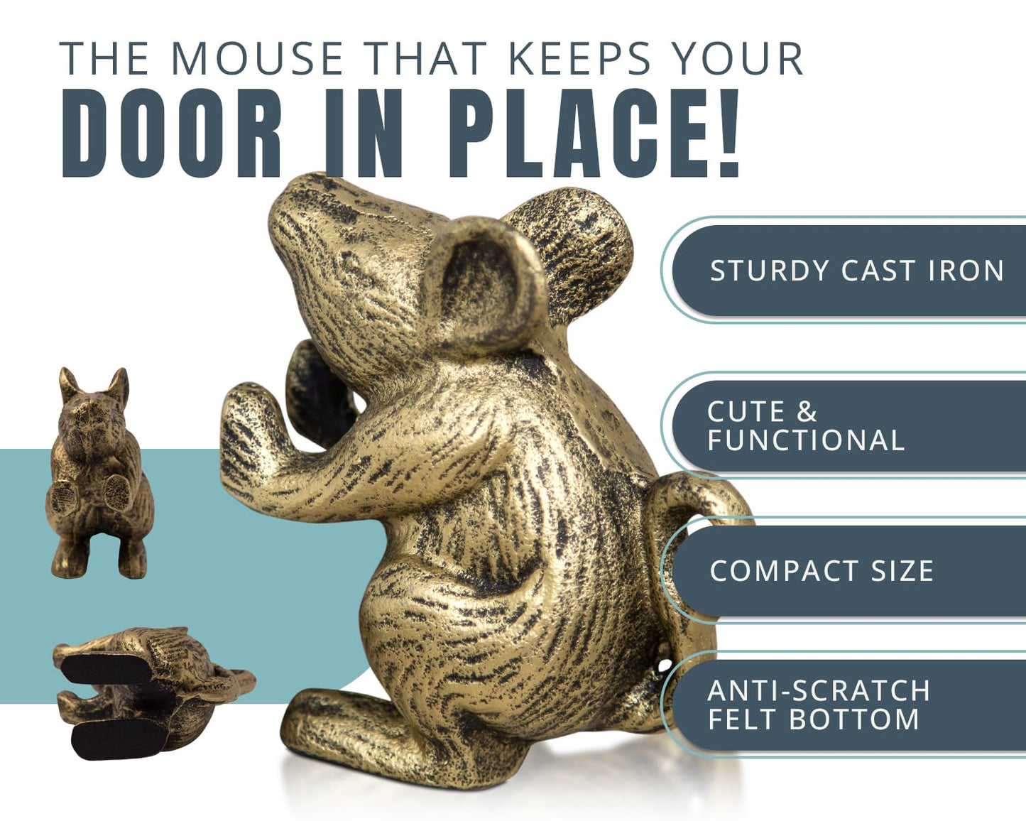 Comfify Cast Iron Mouse Door Stop – 1 Piece – Decorative Rustic Door Holder for Bedroom, Bath, and Exterior Doors – Antique Gold Finish