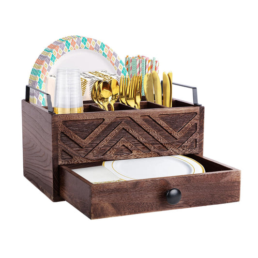 Aikosell Paper Plate Dispenser with Drawer, country style Wood Kitchen Counter, Picnic, Party, Camping - Caddy Organizer for Cups, Spoons, Forks, Plates, office supplies, Napkins & Silverware
