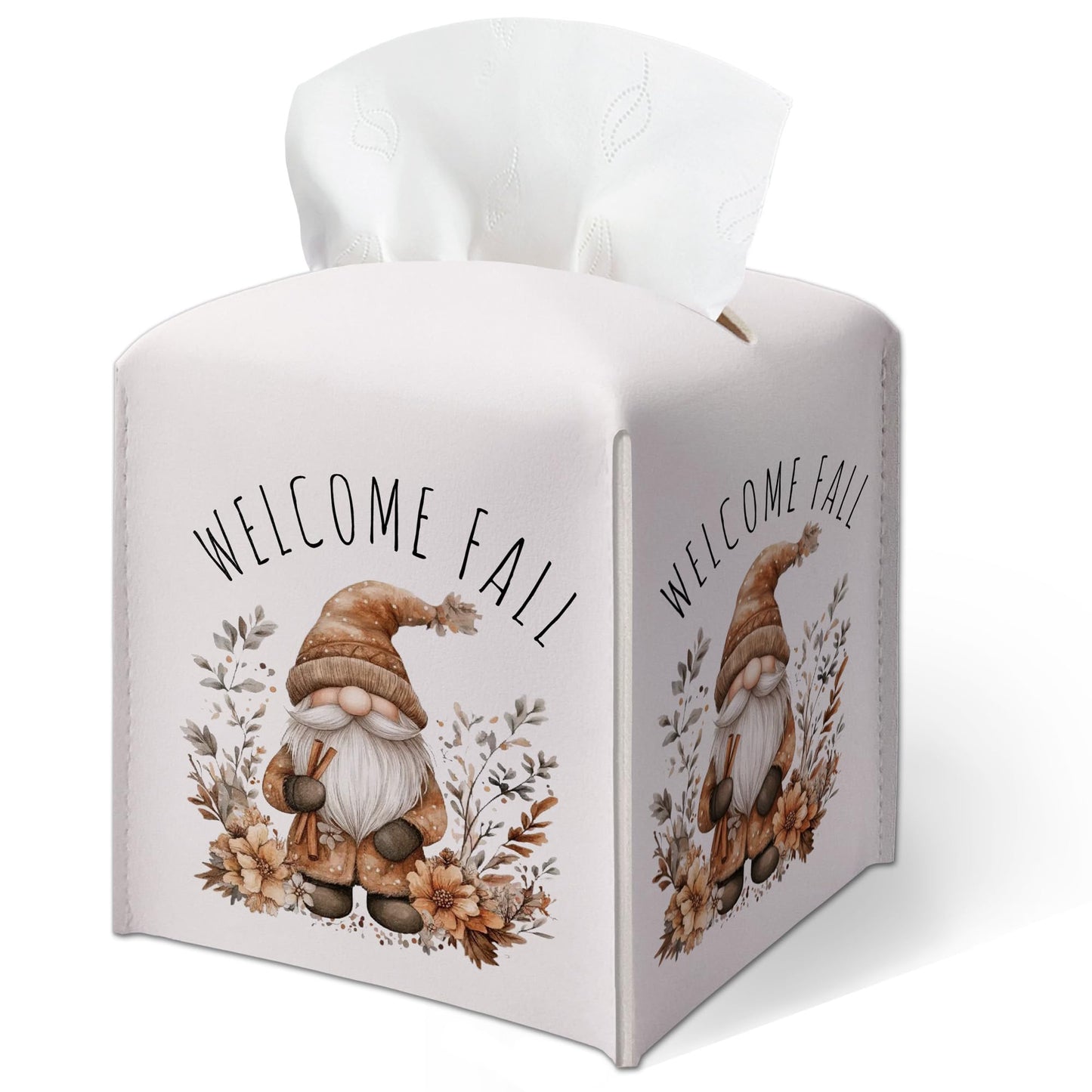 Welcome Fall Leather Tissue Box Cover, Gnome Floral Printed Tissue Box Cover, Aesthetic Decor Tabletop Living Room Vanity Office Farmhouse, Thanksgiving & Housewarming Gift for Women, Minimalist-B23