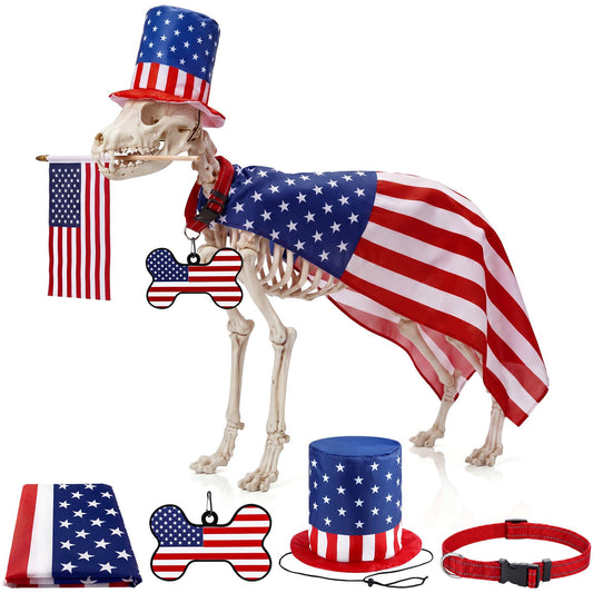 Thinkday 4th of July 7 ft Skeleton Dog Accessories Includes Independence Day Hat Patriotic Costume Cape Bone Shaped Tag Collar for 12ft Skeleton Themed Parties Decor Outdoor Yard Lawn