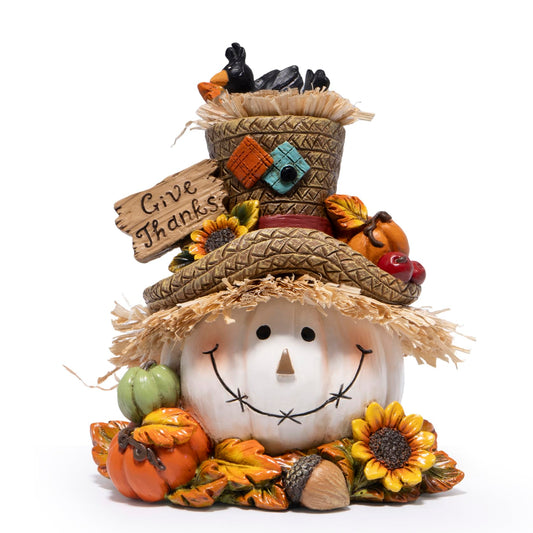 Hodao Thanksgiving Pumpkin Decorations, Resin Fall Autumn Figurine with Straw Hat, Birds, Acorns & Sunflowers, Give Thanks Sign, Festive Gift for Home Tabletop Mantel Thanksgiving Decorations (White)