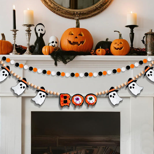 Felt Halloween Garland, 7.5Ft Boo Ghost Garland with Wooden Beads for Halloween Decorations, 2Pcs Cute Indoor Banner for Mantle Fireplace Indoor Home Party Decor