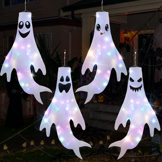 4 Pieces 43 Inch Halloween Ghost Windsock Flags with Colorful LED Lights Halloween Decorations Outdoor Ghost Hanging Windsocks with Hanging Clip for Yard Outdoor Decor Party Supplies