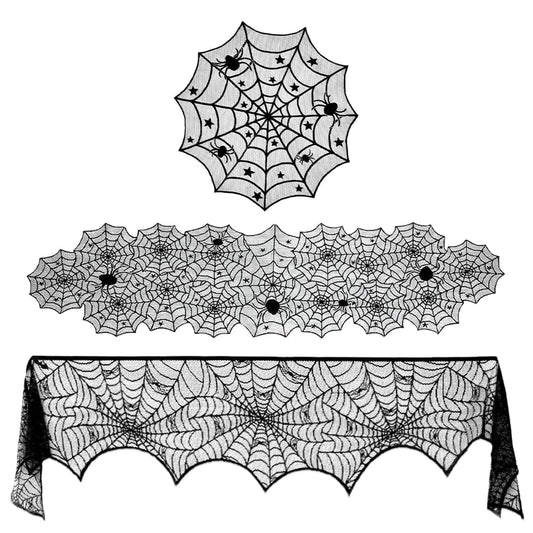 QINYIER 3Pcs Halloween Lace Tablecloths, Black Spiderweb Table Cloths (Rectangle and Round), Fabric Cover for Fireplace, Side Table, Lampshade, Halloween Party Decor