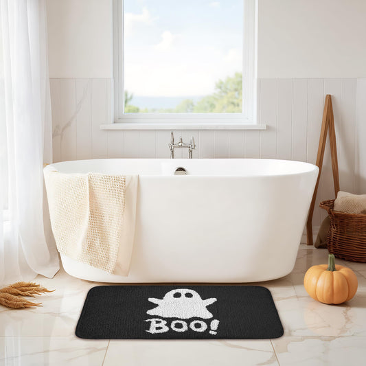 HONCO DIRECT 20x32 inch Cute Halloween Black Bath Rug Ghost Bathroom Rug Non-Slip Floor Mat for Bathroom Rug Soft Absorbent Bath Tub Mat Room Halloween Decor Ghost Bath Mat