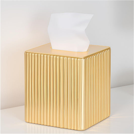 Gold Tissue Box Cover Holder, Square PU Leather Decorative Organizer for Home, Office, Bathroom, Tabletop