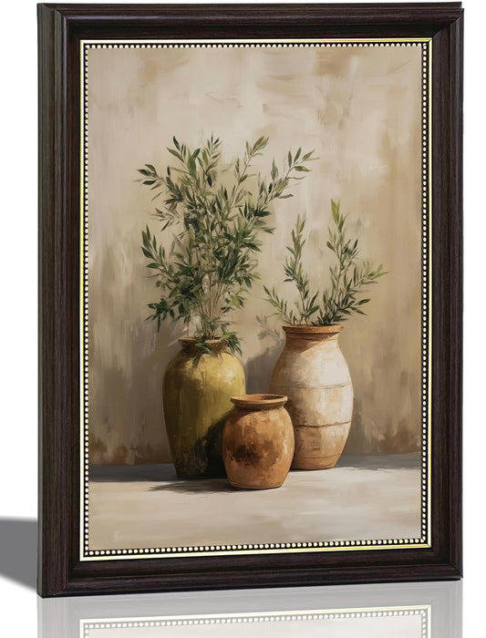 Vintage Dark Brown Framed Canvas Wall Art Olive Branch Terracotta Vase Painting Picture Wall Decor Kitchen Botanical Still Life Poster Print Artwork for Farmhouse Home Decoration 9x11in