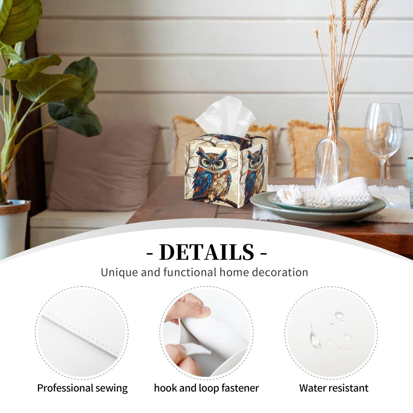 Cute Owl Tissue Box Cover Square, Waterproof Leather Tissue Box Holder Portable Dispenser Modern Home Decoration for Bathroom Car Nightstand Vanity
