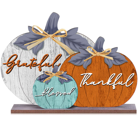 Soaoo Fall Pumpkin Table Decorations Fall Wooden Thankful Blessed Centerpiece Autumn Grateful Tabletop Decor Farmhouse Thanksgiving Harvest Pumpkin Block Signs for Party Rustic Table Shelf Decor Home