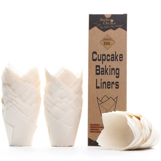 Bake Choice 200pcs White Tulip Cupcake Liners for Baking Cups European Parchment Paper Tulip Muffin Liners,Nordic Paper Cupcake Wrapper for Party, Christmas