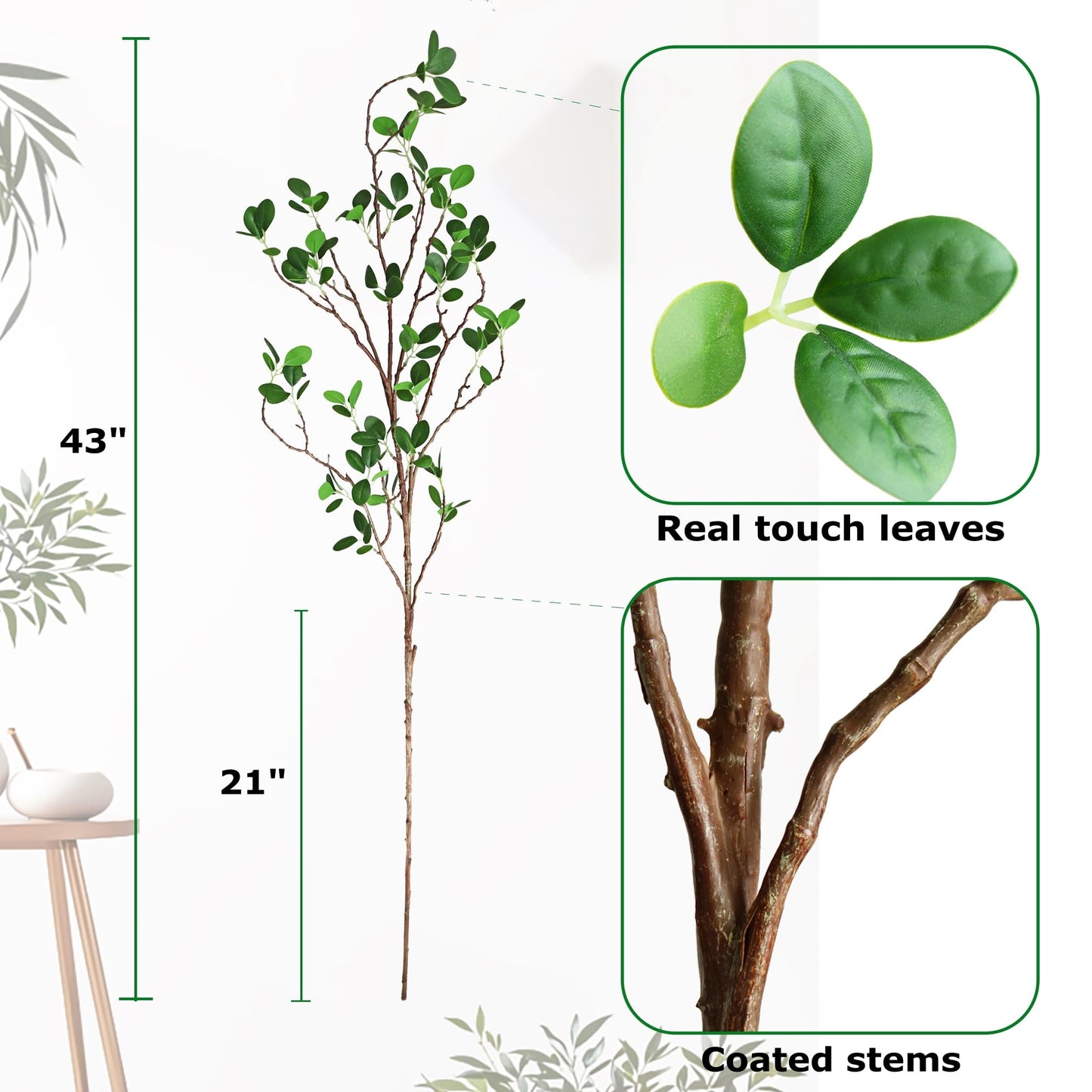Htmeing Artificial Eucalyptus Green Branches with Leaves Faux Long Stems Fake Greenery Plants Ficus Twigs for Home Office Shop Farmhouse Decoration 110cm/43,2pcs