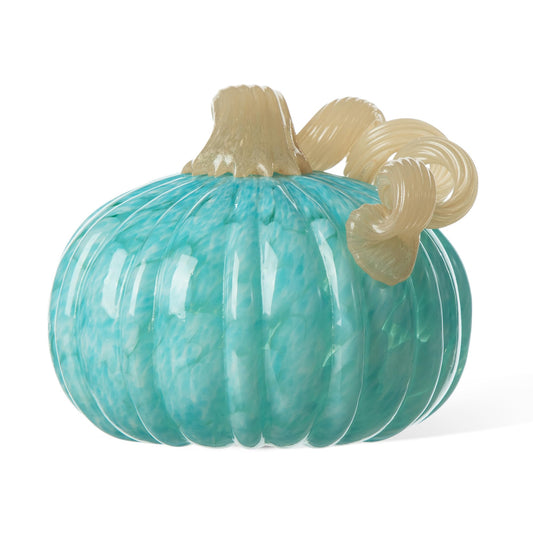 Glitzhome Hand Blown Glass Pumpkin Decor 5" Turquoise - Artisan Fall Harvest Thanksgiving Table Centerpiece Halloween Home Decor
