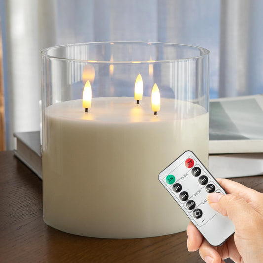 AFINETH Extra Large Flameless Candles with 3 Wicks, 6"x6" Glass Battery Operated Candles with Remote, Real Wax Flickering LED Candles Fake Candle for Home, Wedding, Party, Clear
