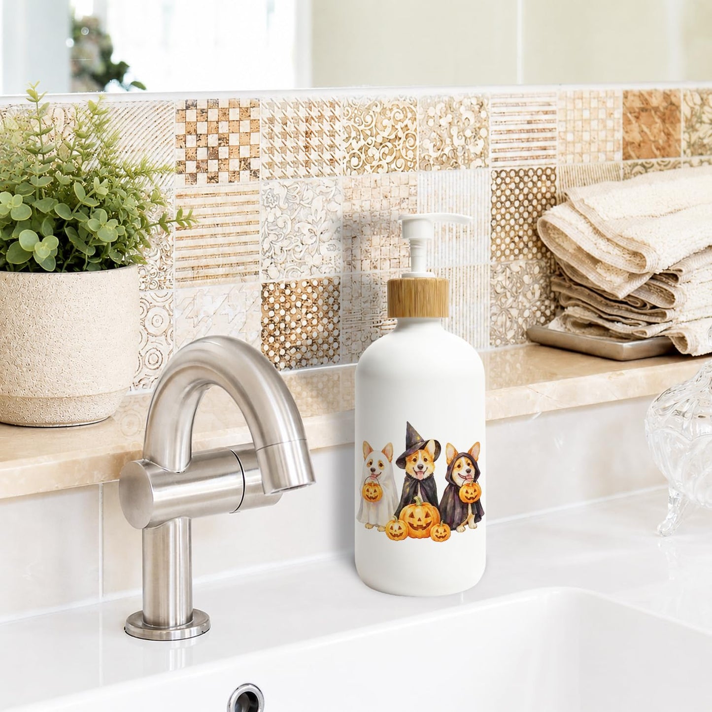 Stelloriellea Halloween Corgi Dog Glass Soap Dispenser with Pump