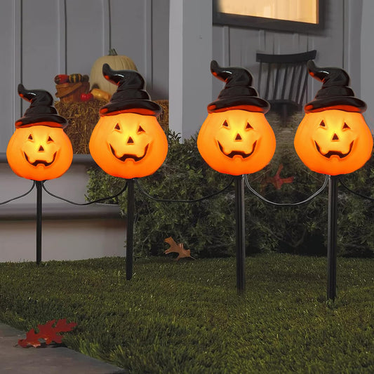 Halloween Hooded Pumpkin Pathway Lights Outdoor, 7Ft C7 Outdoor Halloween Decorations Pathway String Lights with 4 Jack O Lantern Pumpkin Stakes Lights for Garden Yard Walkway Lawn Party Driveway