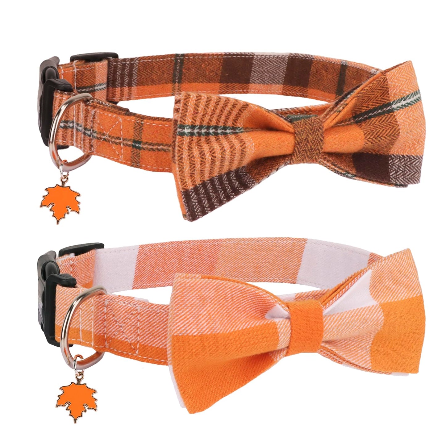 PTDECOR Fall Dog Collar with Bow, Halloween Thanksgiving Bowtie Collar, Adjustable Cotton Yellow Orange Plaid Bowtie Collars for Medium Dogs Pets (Medium)